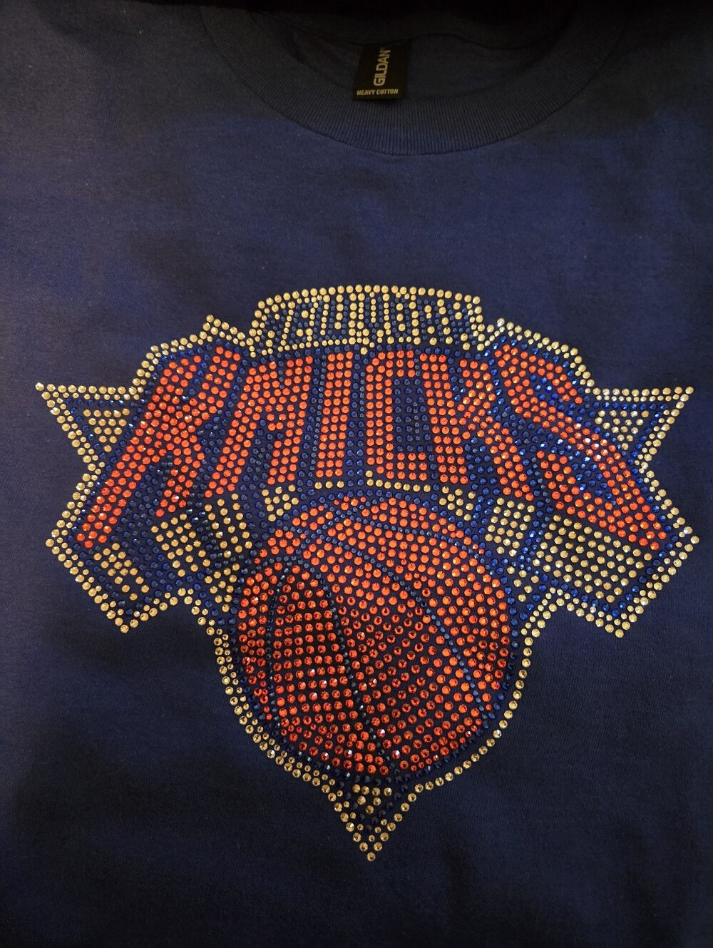 Gildan Royal Blue New York Knicks Rhinestone Tee with Orange and Silver Accents